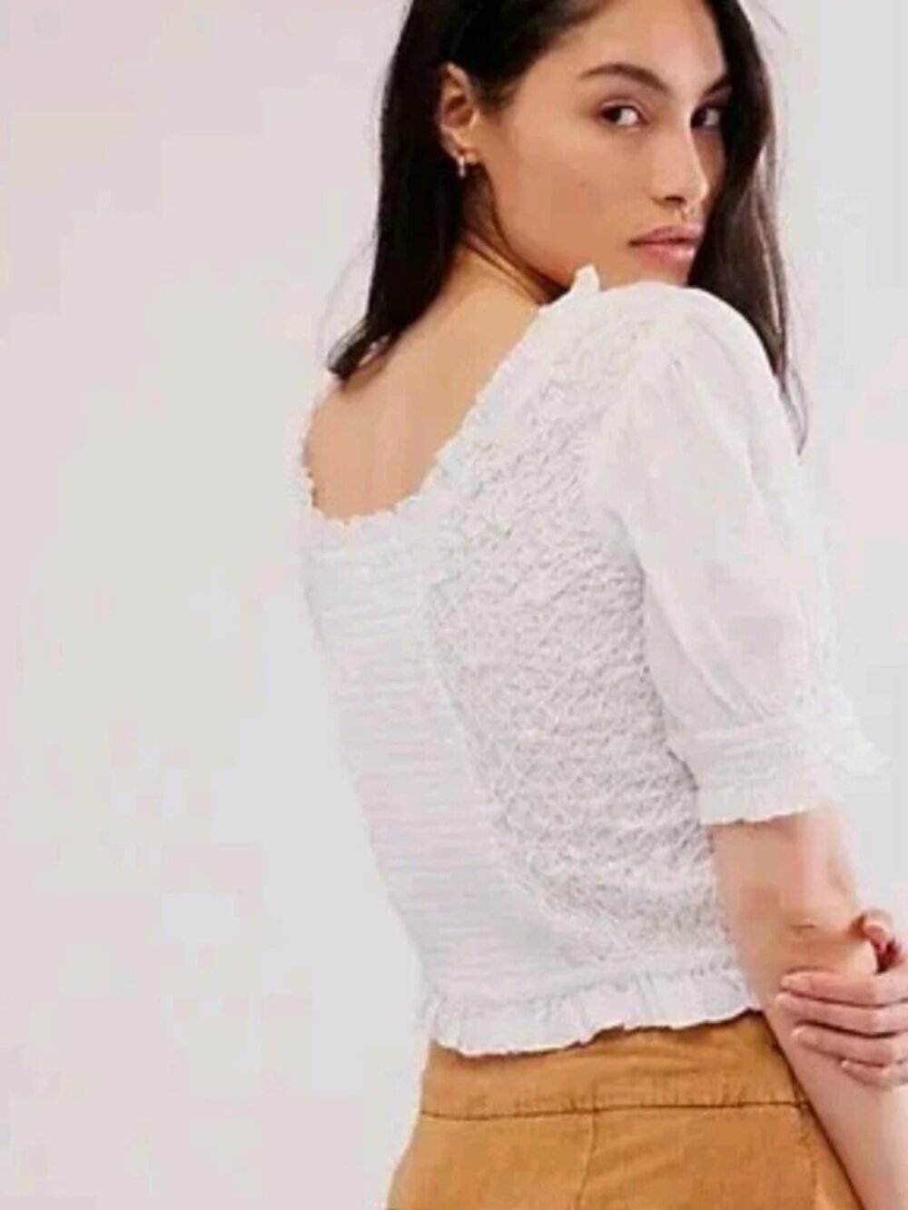 Free People NWT Boho Cecelia Cropped Smocked Embroidered Rosette Top Sz M - Picture 5 of 11